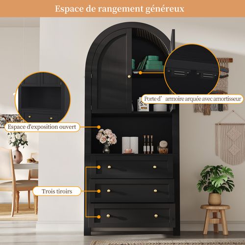 Buffet Haut - Portes - Tiroirs - Espace Ouvert - Rangement Salon Et Cuisine - Mdf+métal - Noir