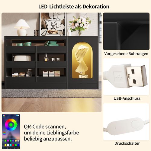 Commode - LED - 6 Tiroirs Et Porte Ajourée - Meuble De Rangement - Mdf - Noir