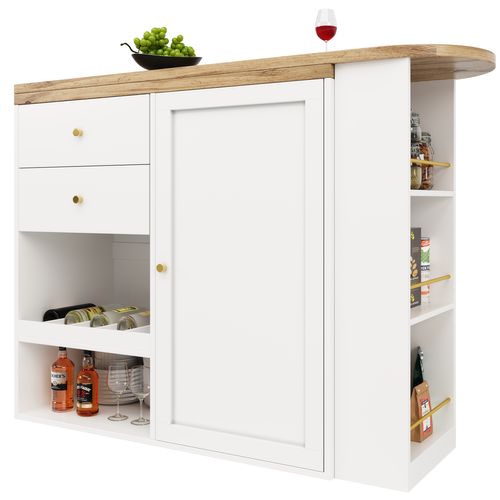 Table Bar - Porte Coulissante - 2 Tiroirs - Étagères Ouvertes - Pivotant 360° - Mdf - Blanc