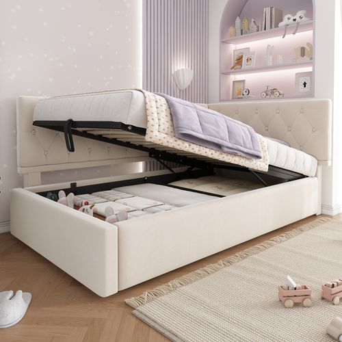 Lit Coffre Simple 90x200 Cm, Avec Tête De Lit à Rayures Verticales Avec Rangement Sommier A Lattes Structure Metallique Lin Lit A Rembourrage Hydraulique Beige 84790406