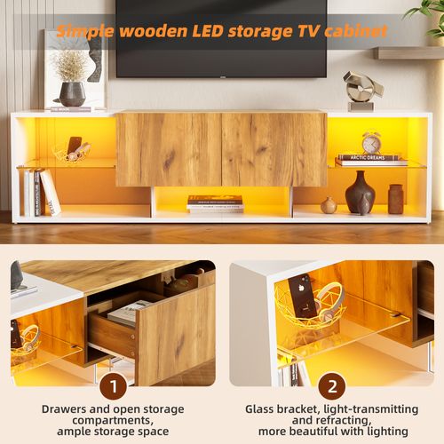 Meuble TV De Salon Avec 3 Niveaux Et LED Intégrée, 2 Tiroirs Et Plateaux En Verre, Mdf