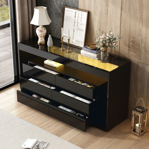Buffet 6 Tiroirs Avec LED, Double Niveau Verre Trempé Et Spanplatte, Meuble Rangement Noir