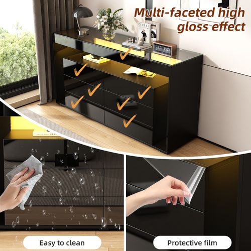 Buffet 6 Tiroirs Avec LED, Double Niveau Verre Trempé Et Spanplatte, Meuble Rangement Noir