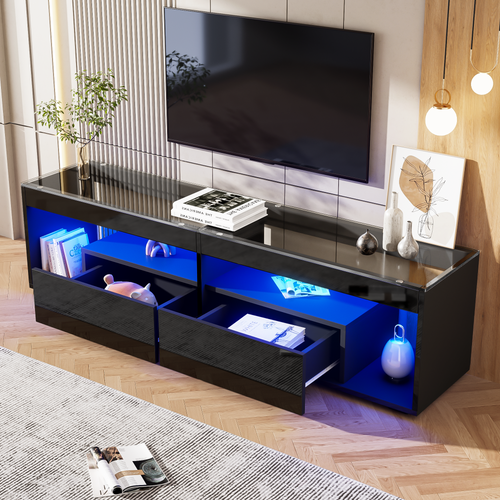 Meuble TV Moderne De Salon Avec LED Intégré Et 2 Tiroirs, Mdf Et Verre Trempé