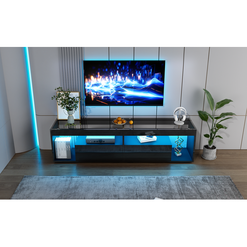 Meuble TV Moderne De Salon Avec LED Intégré Et 2 Tiroirs, Mdf Et Verre Trempé