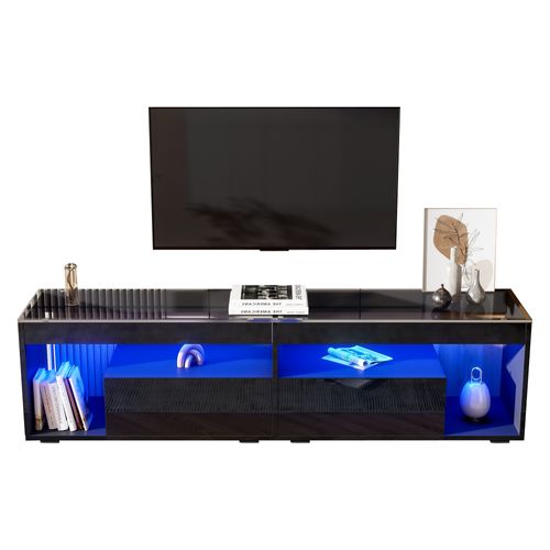 Meuble TV Moderne De Salon Avec LED Intégré Et 2 Tiroirs, Mdf Et Verre Trempé