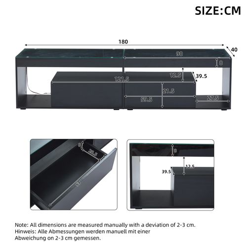 Meuble TV Moderne De Salon Avec LED Intégré Et 2 Tiroirs, Mdf Et Verre Trempé