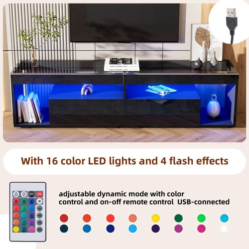 Meuble TV Moderne De Salon Avec LED Intégré Et 2 Tiroirs, Mdf Et Verre Trempé