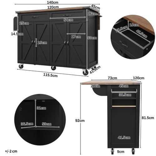 Îlot De Cuisine - Plan De Travail Extensible - Rangement Complet 4 Portes 2 Tiroirs - Mdf - Noir
