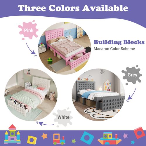 Lit Avec Rangement 90x200 Cm - Simple Avec Tiroirs - Design Décoratif - Mdf + Bois - Rose