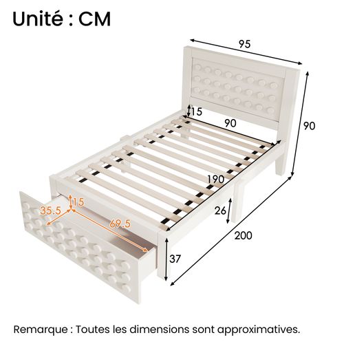Lit Avec Rangement 90x190 Cm - Simple Avec Tiroirs - Sommier Fonctionnel - Bois Massif + Mdf - Blanc