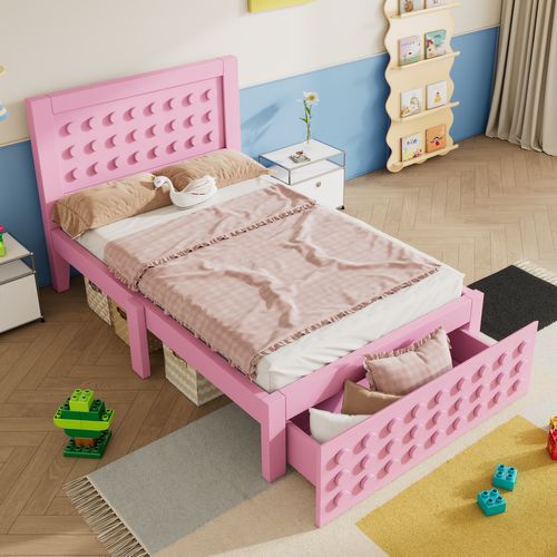 Lit Avec Rangement 90x190 Cm - Simple Avec Tiroirs - Sommier Fonctionnel - Bois Massif + Mdf - Rose