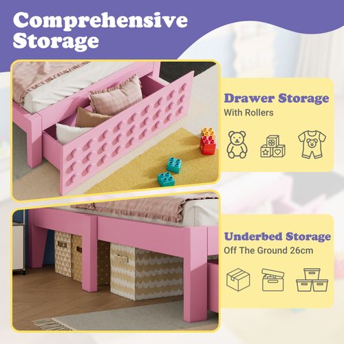 Lit Avec Rangement 90x190 Cm - Simple Avec Tiroirs - Sommier Fonctionnel - Bois Massif + Mdf - Rose