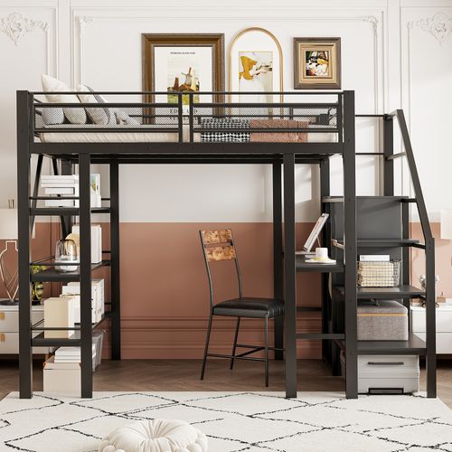 Lit Mezzanine 140x200 - Lit Ado/enfant - Bureau Et Armoire - Étagères De Rangement - Métal - Noir