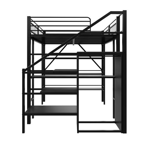 Lit Mezzanine 140x200 - Lit Ado/enfant - Bureau Et Armoire - Étagères De Rangement - Métal - Noir
