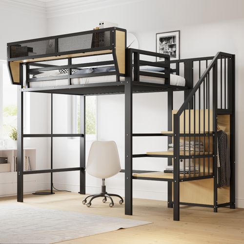 Lit Mezzanine Enfant 90x200 Cm - Échelle Sécurisée Et Espace De Rangement - Métal - Noir