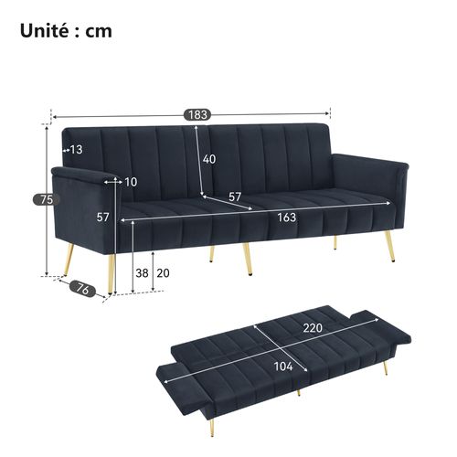 Canapé-lit Moderne Pliant 2 Places - Fonction Couchage - Structure Bois Et Métal - Noir