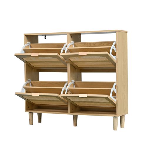 Meuble à Chaussures Moderne - 4 Tiroirs Pliants - Poignées Métal - Rustique - Bois Clair Et Rotin