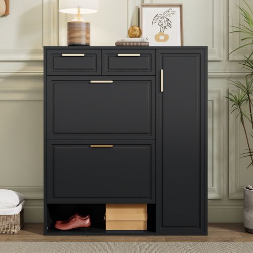 Armoire à Chaussures Moderne - Tiroirs - Étagères Réglables - Poignées Dorées - Mdf - Noir
