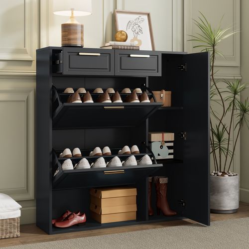 Armoire à Chaussures Moderne - Tiroirs - Étagères Réglables - Poignées Dorées - Mdf - Noir