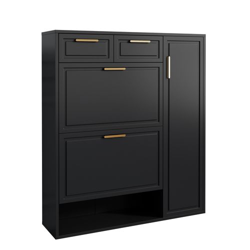 Armoire à Chaussures Moderne - Tiroirs - Étagères Réglables - Poignées Dorées - Mdf - Noir