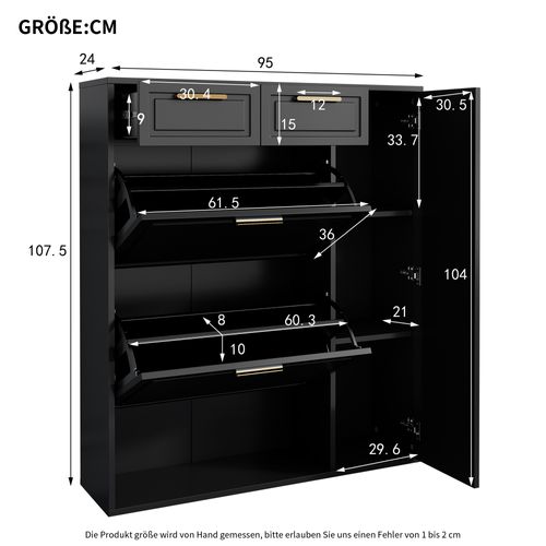 Armoire à Chaussures Moderne - Tiroirs - Étagères Réglables - Poignées Dorées - Mdf - Noir