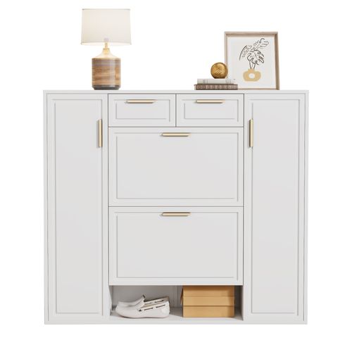 Meuble à Chaussures - 2 Tiroirs - Étagères Réglables - Poignées Dorées - Rangement - Mdf - Blanc