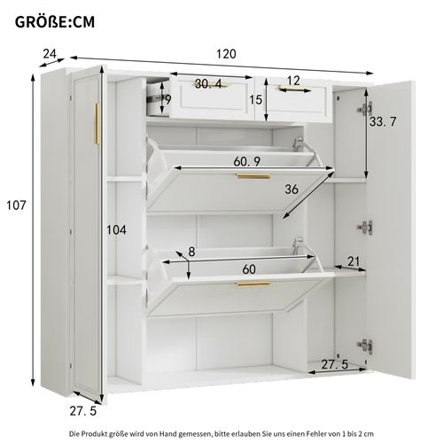 Meuble à Chaussures - 2 Tiroirs - Étagères Réglables - Poignées Dorées - Rangement - Mdf - Blanc