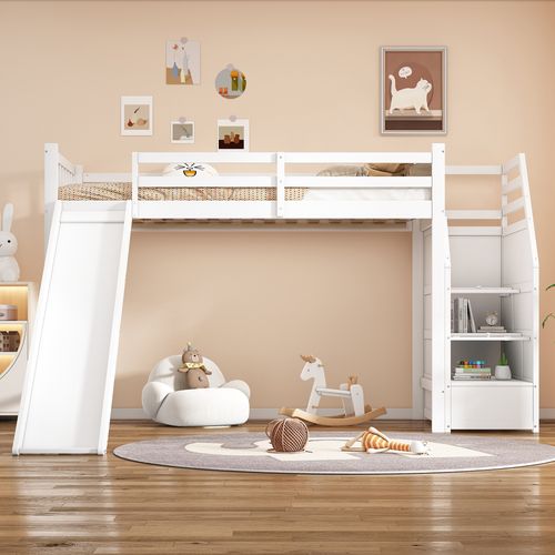 Lit Mezzanine 90x200 - Lit Enfant Avec Toboggan Amusant - Étagère Intégrée - Mdf - Blanc