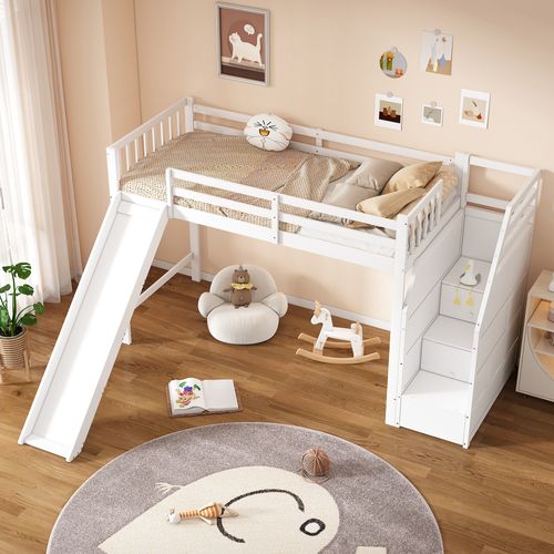 Lit Mezzanine 90x200 - Lit Enfant Avec Toboggan Amusant - Étagère Intégrée - Mdf - Blanc