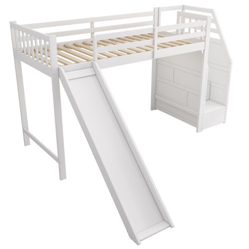 Lit Mezzanine 90x200 - Lit Enfant Avec Toboggan Amusant - Étagère Intégrée - Mdf - Blanc