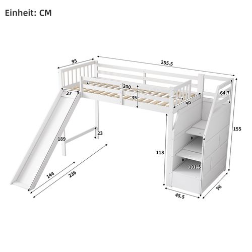 Lit Mezzanine 90x200 - Lit Enfant Avec Toboggan Amusant - Étagère Intégrée - Mdf - Blanc