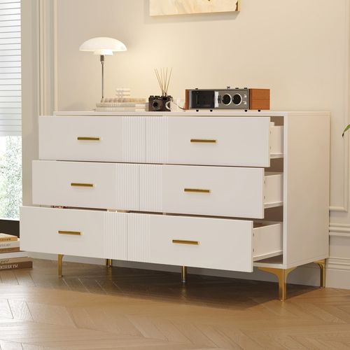 Commode - Rangement Moderne Avec 6 Tiroirs - Pieds Dorés - Pour Salon Ou Chambre - Blanc