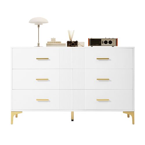 Commode - Rangement Moderne Avec 6 Tiroirs - Pieds Dorés - Pour Salon Ou Chambre - Blanc