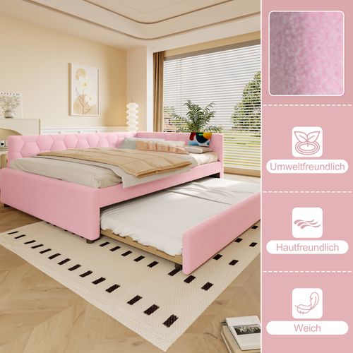 Lit Gigogne 140x200 -lit Tiroir Et Lampe - Ports USB Et Type-c - 2 Couchages - Imitation Laine Rose