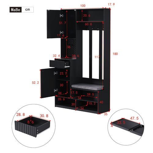 Meuble D'entrée Vestiaire Avec Banc, 4 Crochets Et Portes, Armoire Mdf, Noir