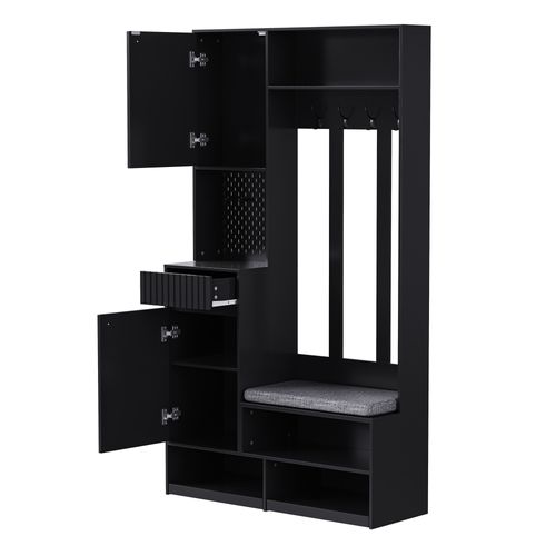 Meuble D'entrée Vestiaire Avec Banc, 4 Crochets Et Portes, Armoire Mdf, Noir