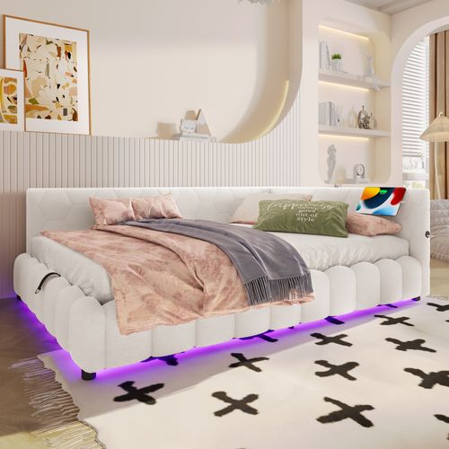 Lit Coffre 140x200 Cm - Lit Banquette Double Avec Sommier Et Rangement, LED Et USB - Polaire Blanc