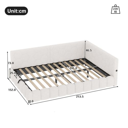 Lit Coffre 140x200 Cm - Lit Banquette Double Avec Sommier Et Rangement, LED Et USB - Polaire Blanc