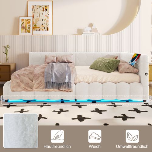 Lit Coffre 140x200 Cm - Lit Banquette Double Avec Sommier Et Rangement, LED Et USB - Polaire Blanc