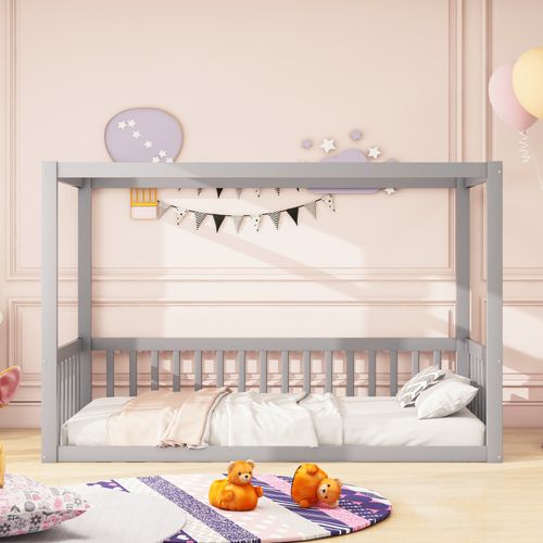 Lit Enfant 90x200 Cm - Lit Cabane - Protections Latérales - Design Sûr - Bois Résistant - Gris