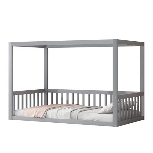 Lit Enfant 90x200 Cm - Lit Cabane - Protections Latérales - Design Sûr - Bois Résistant - Gris