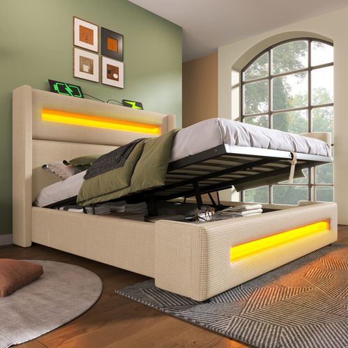 Lit Coffre 140x200 Cm - Lit Double Avec Coffre Hydraulique - LED Et USB - Lin Beige Moderne