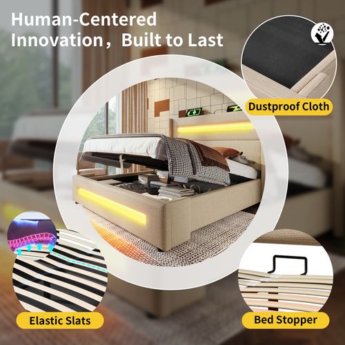 Lit Coffre 140x200 Cm - Lit Double Avec Coffre Hydraulique - LED Et USB - Lin Beige Moderne