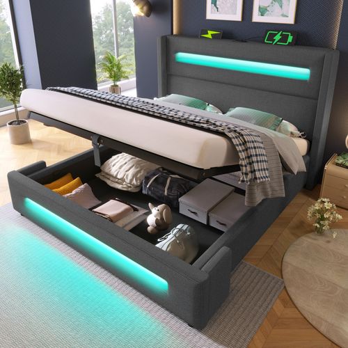 Lit Coffre 160x200 Cm - Lit Double Avec Coffre Hydraulique - LED Et Ports USB Intégrés - Lin Gris