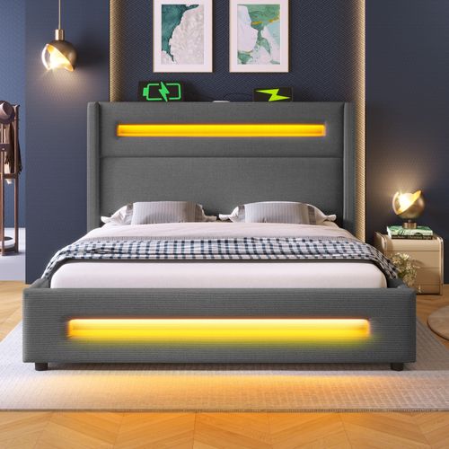 Lit Coffre 160x200 Cm - Lit Double Avec Coffre Hydraulique - LED Et Ports USB Intégrés - Lin Gris