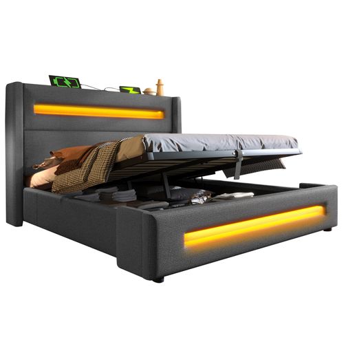 Lit Coffre 160x200 Cm - Lit Double Avec Coffre Hydraulique - LED Et Ports USB Intégrés - Lin Gris