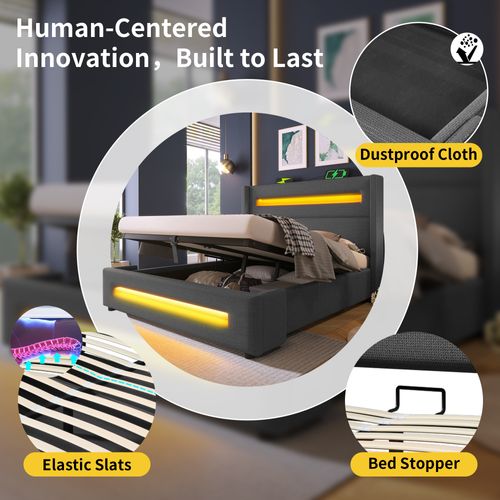 Lit Coffre 160x200 Cm - Lit Double Avec Coffre Hydraulique - LED Et Ports USB Intégrés - Lin Gris