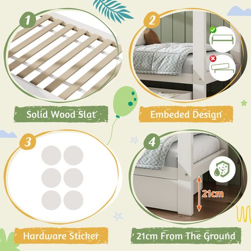 Lit Enfant 90x200 Cm - Cabane - Grand Tiroir - Chevet Intégré - Bois Massif - Maison - Blanc