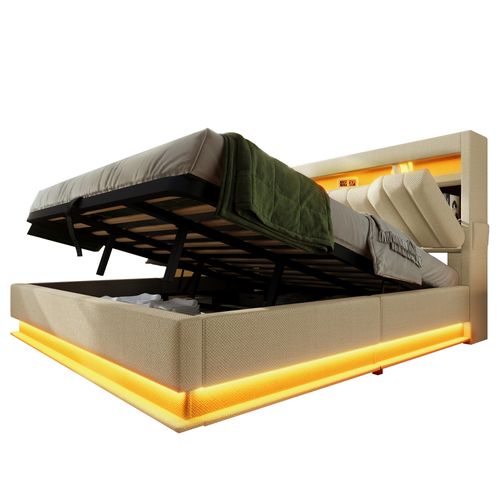 Lit Coffre 160x200 Cm - Coffre Et LED - Lit Capitonné Moderne Avec USB Type-c - Lin - Beige